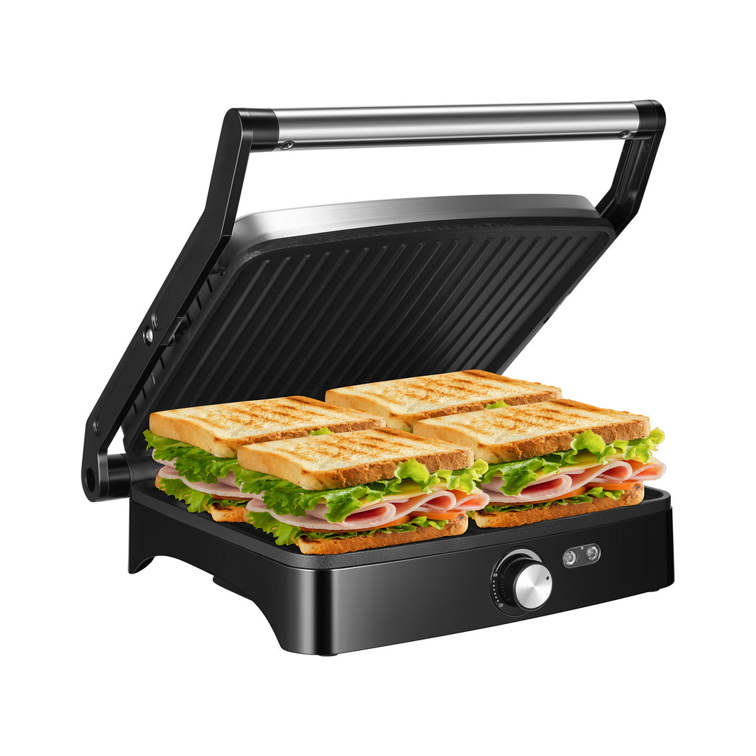 OSTBA Panini Press Grill with Adjustable Temperature, 4-Slice Indoor Grill, 180° Open Sandwich Maker with Drip Tray, Non-Stick Plates, Stainless Steel, 1200W