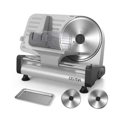 OSTBA Electric Meat Slicer with 200W DC Motor, 2 Removable 8.7” Stainless Steel Blades, Adjustable Thickness 0–15mm, Food Tray & Hand Grip, Deli Food Slicer for Meat, Cheese, Bread, Vegetables