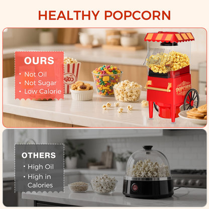 OSTBA 1200W Hot Air Popcorn Maker, 12 Cups Oil-Free Popcorn Popper with Retro Design, Butter Tray & One-Button Control, Perfect for Home & Parties