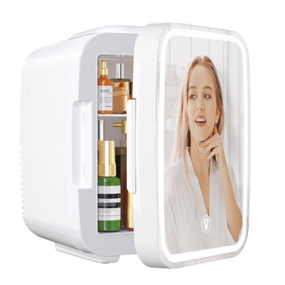 Skincare Fridge Mini Fridge for Bedroom with Dimmable LED Mirror, 4Liter/6 Cans Cooler and Warmer for Makeup, Cosmetic, Beauty, Portable Refrigerator for Bedroom, Vanity, Office and Car- White