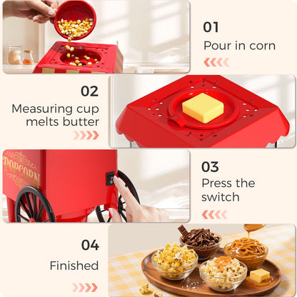 OSTBA 1200W Hot Air Popcorn Maker, 12 Cups Oil-Free Popcorn Popper with Retro Design, Butter Tray & One-Button Control, Perfect for Home & Parties