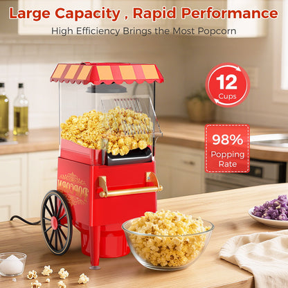 OSTBA 1200W Hot Air Popcorn Maker, 12 Cups Oil-Free Popcorn Popper with Retro Design, Butter Tray & One-Button Control, Perfect for Home & Parties