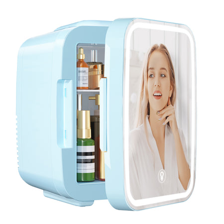 Skincare Fridge Mini Fridge for Bedroom with Dimmable LED Mirror, 4Liter/6 Cans Cooler and Warmer for Makeup, Cosmetic, Beauty, Portable Refrigerator for Bedroom, Vanity, Office and Car- White