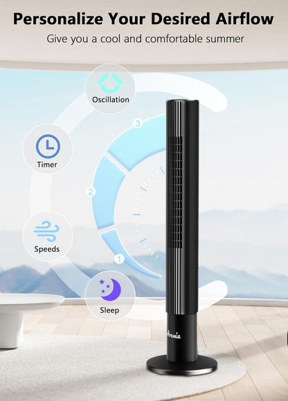 Tower Fans for Bedroom, 85° Oscillating Bladeless Fans, Standing Fans with Touch LED Display, 12H Timer, Remote, 3 Speeds 3 Modes Max 26ft/s, 43" Cooling Quiet Floor Fan for Home Office