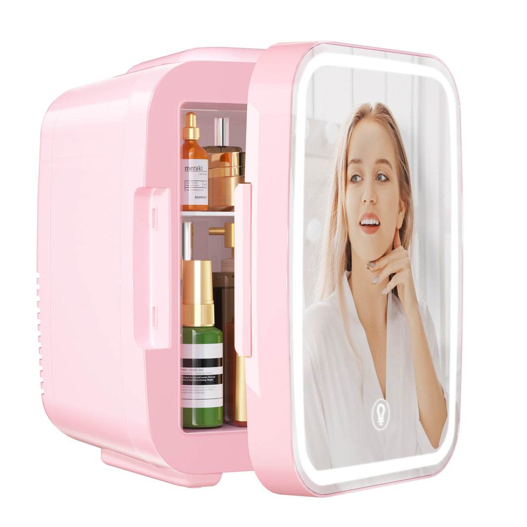 Skincare Fridge Mini Fridge for Bedroom with Dimmable LED Mirror, 4Liter/6 Cans Cooler and Warmer for Makeup, Cosmetic, Beauty, Portable Refrigerator for Bedroom, Vanity, Office and Car- White