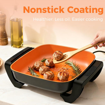 OSTBA 12x12 Electric Skillet | Copper Nonstick Pan with Glass Lid