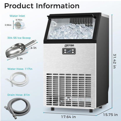 OSTBA Commercial Ice Maker, 100 LBS/24H Ice Machine, Under Counter & Freestanding Automatic Ice Maker, Self-Cleaning, LCD Display, ETL Certified for Bar, Restaurant & Commercial Use