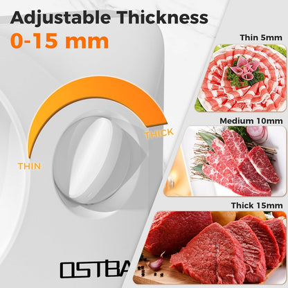 OSTBA Foldable Electric Food Slicer, Adjustable Thickness 0–15mm, 6.7” Stainless Steel Blade, 150W Motor, Portable & Easy-to-Clean Meat, Cheese, Bread, and Vegetable Slicer for Home Kitchen, White
