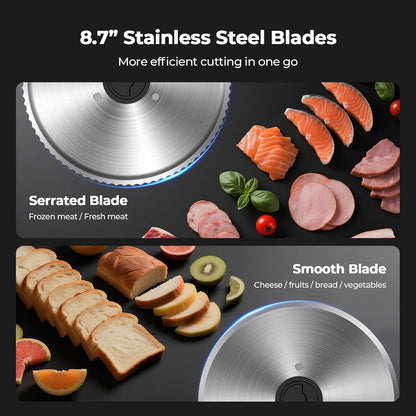 OSTBA Electric Meat Slicer with 200W DC Motor, 2 Removable 8.7” Stainless Steel Blades, Adjustable Thickness 0–15mm, Food Tray & Hand Grip, Deli Food Slicer for Meat, Cheese, Bread, Vegetables