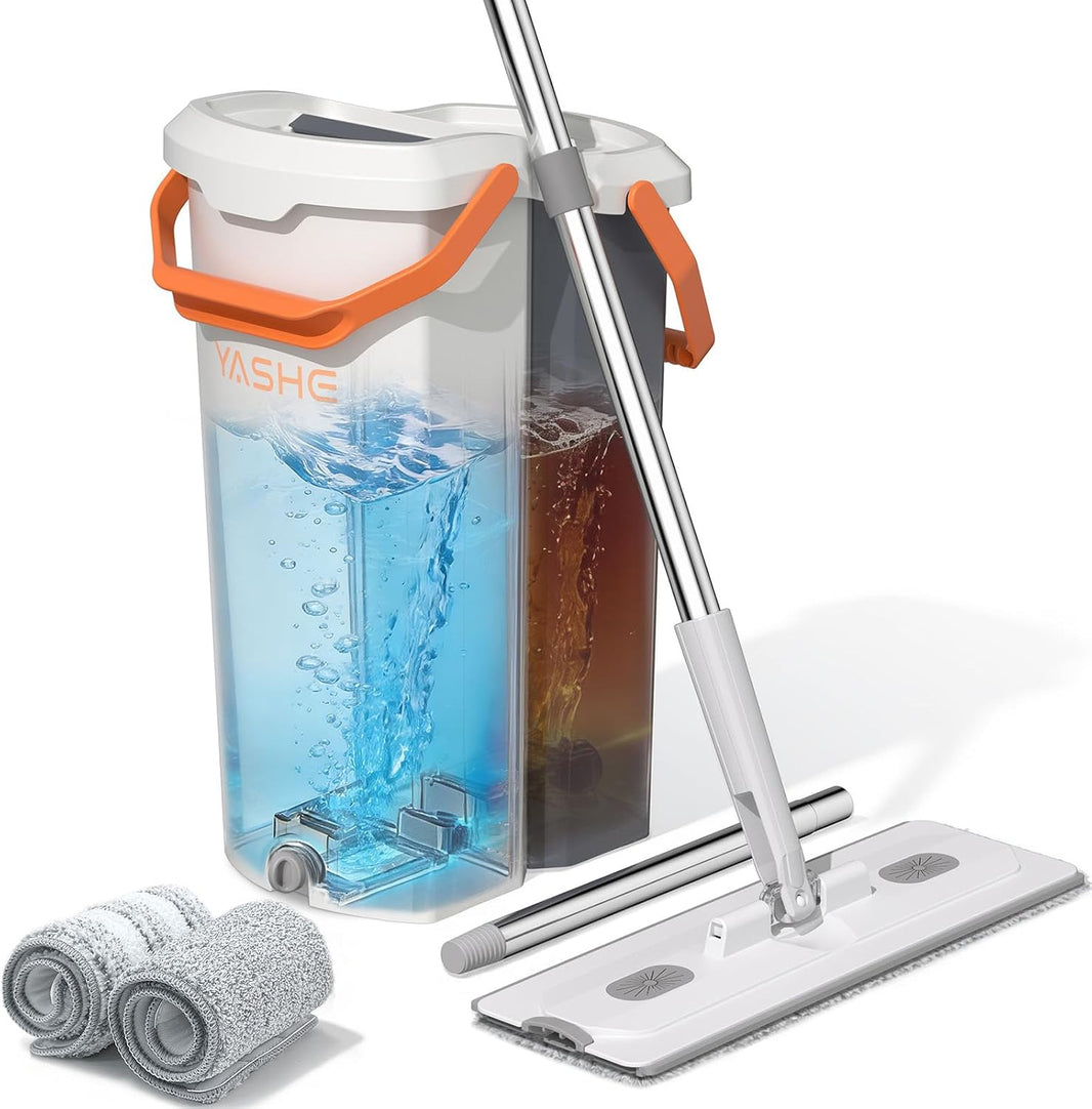 Mop and Bucket Set with Detachable Space-Saving Bucket, Mop for Floor Cleaning with Wringer, Wall Mop with 360° Rotating Mop Head, 2 Reusable Microfiber Mop Pads