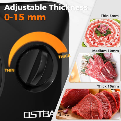 OSTBA Foldable Electric Food Slicer, Adjustable Thickness 0–15mm, 6.7” Stainless Steel Blade, 150W Motor, Portable & Easy-to-Clean, Meat, Cheese, Bread, and Vegetable Slicer for Home Kitchen, Black