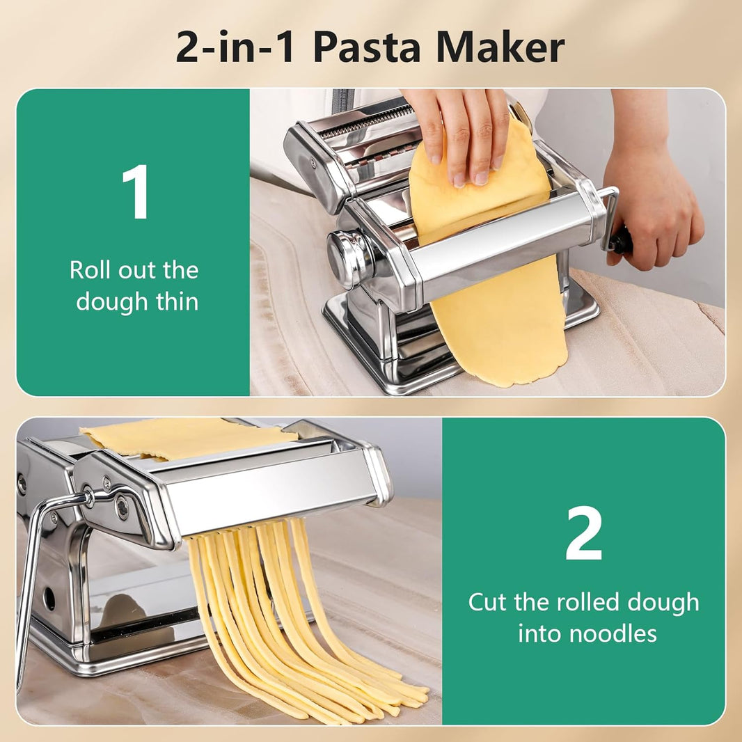 3-in-1 Pasta Maker with Cleaning Kit, Adjustable Thickness Settings Pasta Maker Machine with Pasta Roller and Cutter, Dual Width Noodle Maker for Pasta, Spaghetti, Fettuccine, Lasagna
