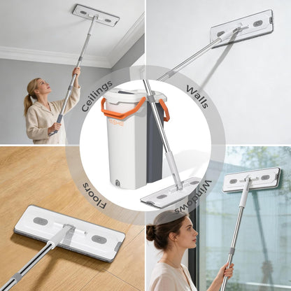 Mop and Bucket Set with Detachable Space-Saving Bucket, Mop for Floor Cleaning with Wringer, Wall Mop with 360° Rotating Mop Head, 2 Reusable Microfiber Mop Pads