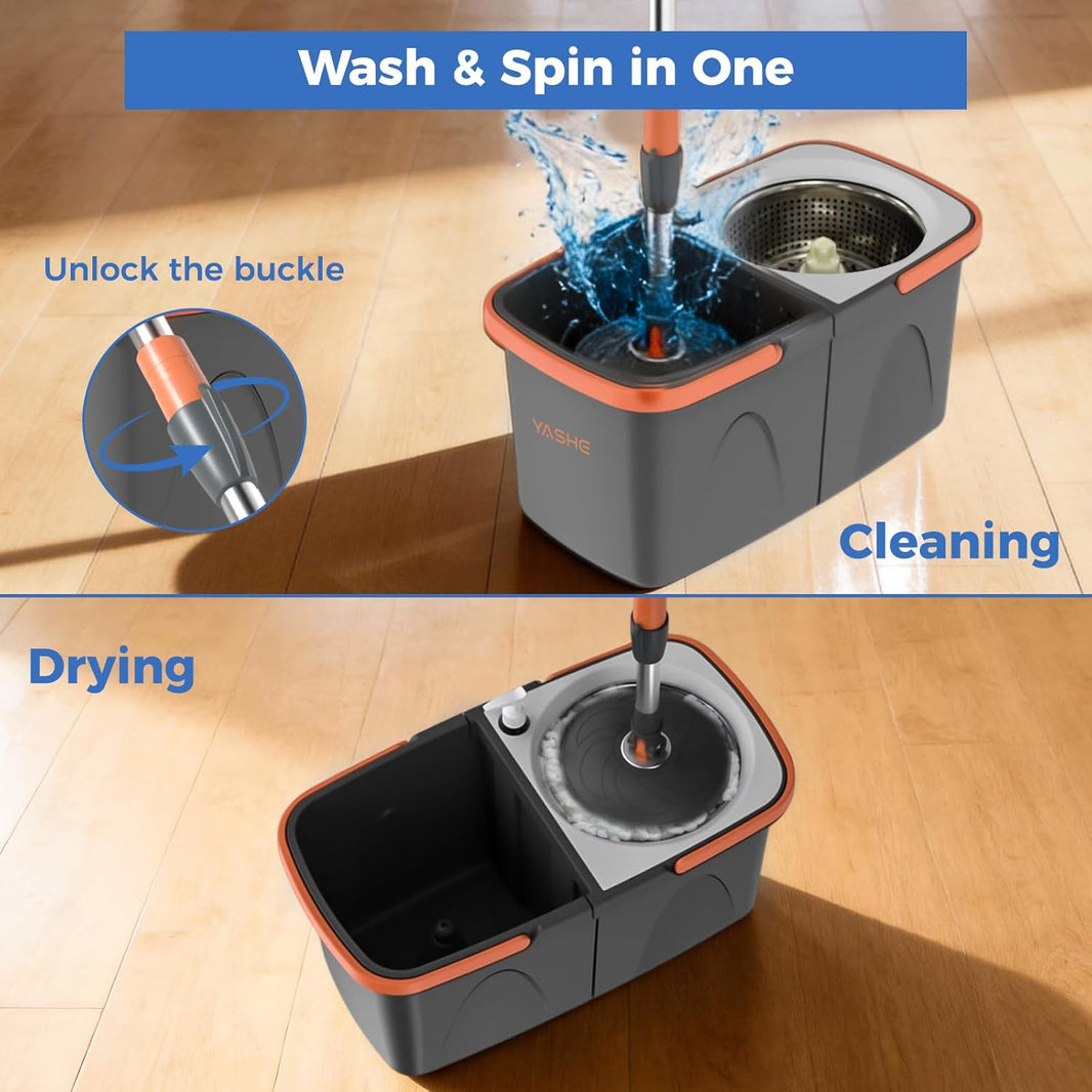 Foldable Spin Mop and Bucket System, Dual-Bucket Cleaning & Stainless Steel Wringing, Collapsible Storage with Detergent Bottle, 2 Reusable Microfiber Mop Heads for Floor Cleaning