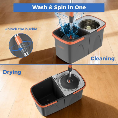 Foldable Spin Mop and Bucket System, Dual-Bucket Cleaning & Stainless Steel Wringing, Collapsible Storage with Detergent Bottle, 2 Reusable Microfiber Mop Heads for Floor Cleaning