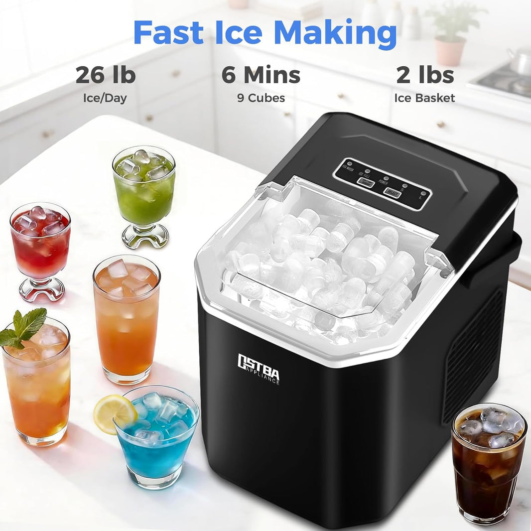 OSTBA Fast Ice Countertop Ice Maker with Dual Size Bullet Ice, 9 Cubes in 6 Minutes, 26 lbs per Day, Self-Cleaning Portable Ice Machine with Carry Handle for Home, RV & Party