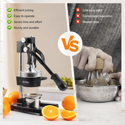 OSTBA Cast Iron Manual Juicer Hand Press, Commercial Grade Citrus Juicer, Stainless Steel Lemon squeezer for Orange, Lemon, Lime, Pomegranate with Stainless Steel Cup