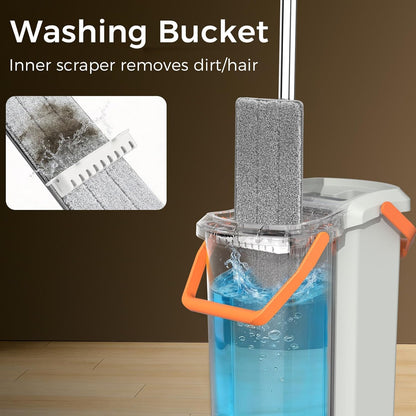 Mop and Bucket Set with Detachable Space-Saving Bucket, Mop for Floor Cleaning with Wringer, Wall Mop with 360° Rotating Mop Head, 2 Reusable Microfiber Mop Pads