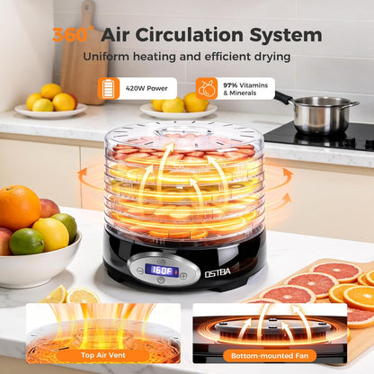 OSTBA 5-Tray BPA-Free Food Dehydrator, 420W, 95-160F, 48H Timer