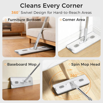 Mop and Bucket Set with Detachable Space-Saving Bucket, Mop for Floor Cleaning with Wringer, Wall Mop with 360° Rotating Mop Head, 2 Reusable Microfiber Mop Pads