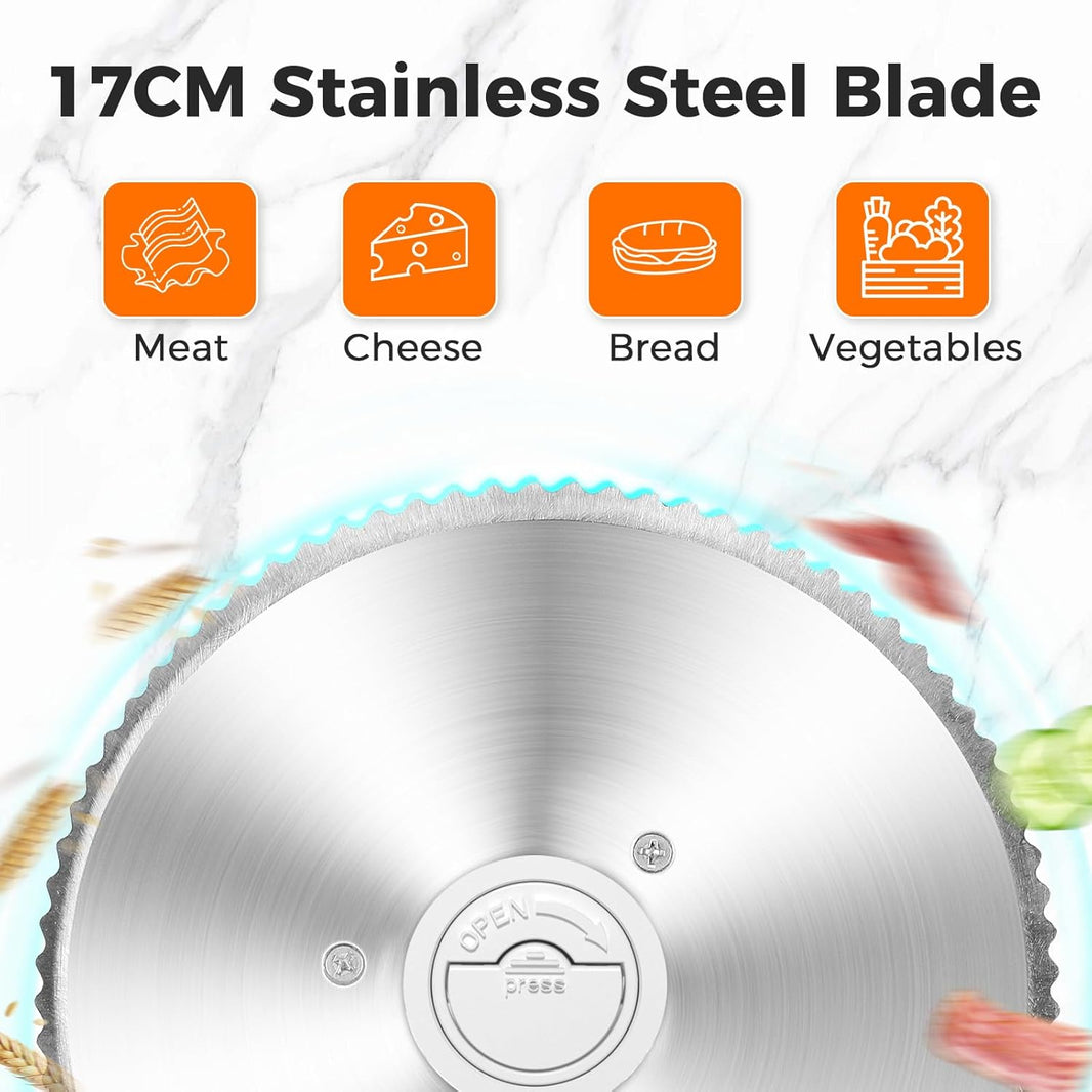 OSTBA Foldable Electric Food Slicer, Adjustable Thickness 0–15mm, 6.7” Stainless Steel Blade, 150W Motor, Portable & Easy-to-Clean Meat, Cheese, Bread, and Vegetable Slicer for Home Kitchen, White