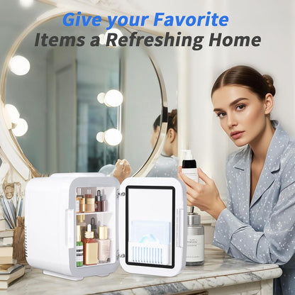 Skincare Fridge Mini Fridge for Bedroom with Dimmable LED Mirror, 4Liter/6 Cans Cooler and Warmer for Makeup, Cosmetic, Beauty, Portable Refrigerator for Bedroom, Vanity, Office and Car- White
