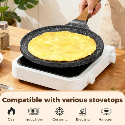 10-Inch Crepe Pan, Nonstick Pancake & Dosa Pan, Tortilla Pan Dosa Tawa, Flat Griddle Pan, Induction Compatible, Easy to Clean, with Wooden Spreader