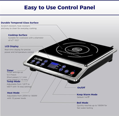 OSTBA 1800W Commercial Induction Cooktop, 7" Heating Coil Countertop Induction Burner