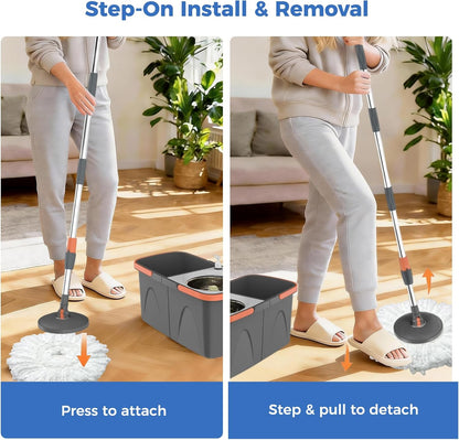 Foldable Spin Mop and Bucket System, Dual-Bucket Cleaning & Stainless Steel Wringing, Collapsible Storage with Detergent Bottle, 2 Reusable Microfiber Mop Heads for Floor Cleaning