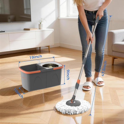 Foldable Spin Mop and Bucket System, Dual-Bucket Cleaning & Stainless Steel Wringing, Collapsible Storage with Detergent Bottle, 2 Reusable Microfiber Mop Heads for Floor Cleaning