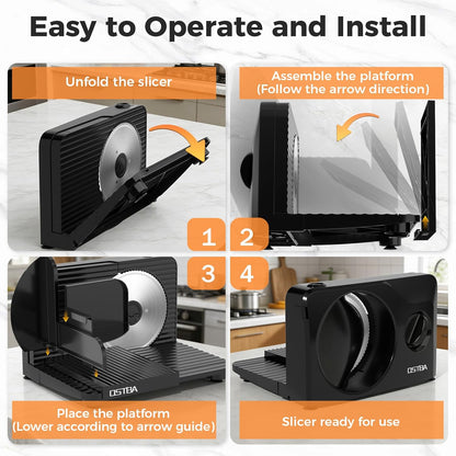 OSTBA Foldable Electric Food Slicer, Adjustable Thickness 0–15mm, 6.7” Stainless Steel Blade, 150W Motor, Portable & Easy-to-Clean, Meat, Cheese, Bread, and Vegetable Slicer for Home Kitchen, Black