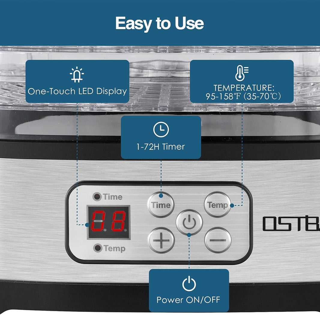OSTBA 5-Tray Food Dehydrator with Adjustable Temperature & 72H Timer