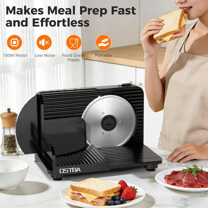 OSTBA Foldable Electric Food Slicer, Adjustable Thickness 0–15mm, 6.7” Stainless Steel Blade, 150W Motor, Portable & Easy-to-Clean, Meat, Cheese, Bread, and Vegetable Slicer for Home Kitchen, Black
