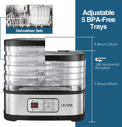 OSTBA 5-Tray Food Dehydrator with Adjustable Temperature & 72H Timer