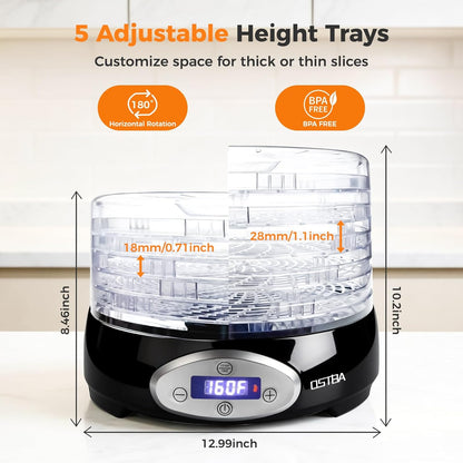 OSTBA 5-Tray BPA-Free Food Dehydrator, 420W, 95-160F, 48H Timer