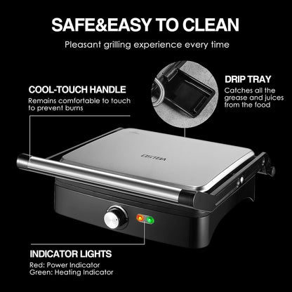OSTBA Panini Press Grill with Adjustable Temperature, 4-Slice Indoor Grill, 180° Open Sandwich Maker with Drip Tray, Non-Stick Plates, Stainless Steel, 1200W