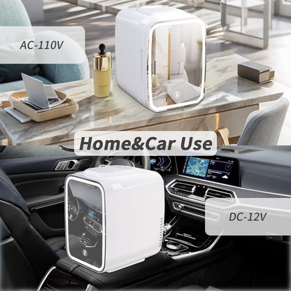 Skincare Fridge Mini Fridge for Bedroom with Dimmable LED Mirror, 4Liter/6 Cans Cooler and Warmer for Makeup, Cosmetic, Beauty, Portable Refrigerator for Bedroom, Vanity, Office and Car- White