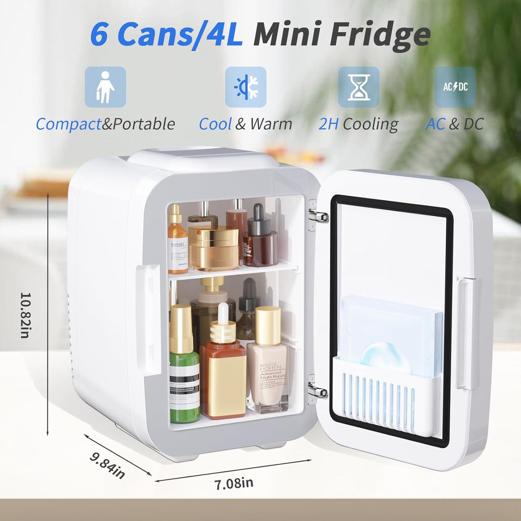 Skincare Fridge Mini Fridge for Bedroom with Dimmable LED Mirror, 4Liter/6 Cans Cooler and Warmer for Makeup, Cosmetic, Beauty, Portable Refrigerator for Bedroom, Vanity, Office and Car- White