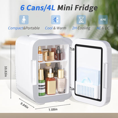 Skincare Fridge Mini Fridge for Bedroom with Dimmable LED Mirror, 4Liter/6 Cans Cooler and Warmer for Makeup, Cosmetic, Beauty, Portable Refrigerator for Bedroom, Vanity, Office and Car- White