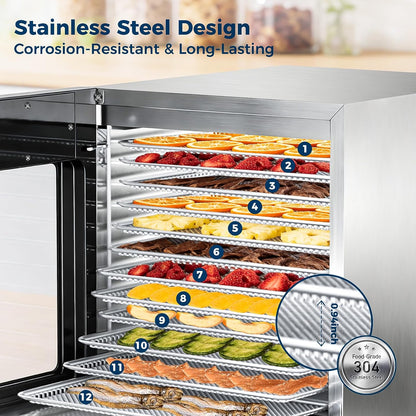 OSTBA Food Dehydrator, 12 Stainless Steel Trays, 95–165℉ Adjustable Temp, 48h Digital Timer, 850W Food Dryer, Front Control Panel with 10 Presets, Recipe for Fruit, Vegetable, Jerky, Herb