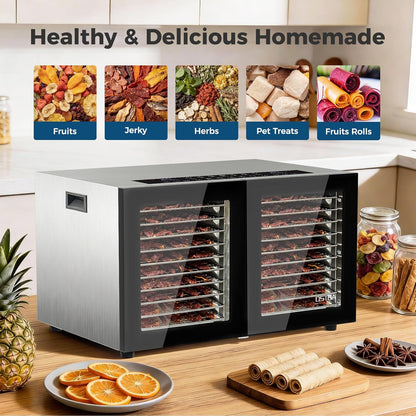 OSTBA Dual Zone Food Dehydrator, 20 Stainless Steel Trays, 1300W Dual Layer Food Dryer with Recipe, 180℉ Adjustable Temp, 48H Digital Timer, 10 Presets for Jerky, Meat, Fruit, Herbs