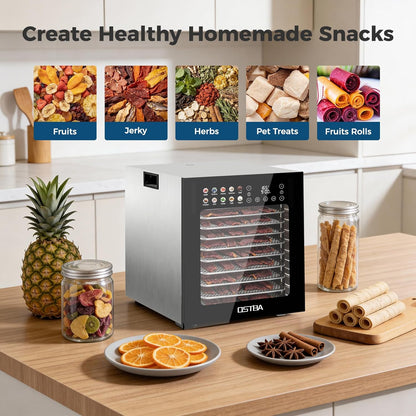 OSTBA Food Dehydrator, 12 Stainless Steel Trays, 95–165℉ Adjustable Temp, 48h Digital Timer, 850W Food Dryer, Front Control Panel with 10 Presets, Recipe for Fruit, Vegetable, Jerky, Herb