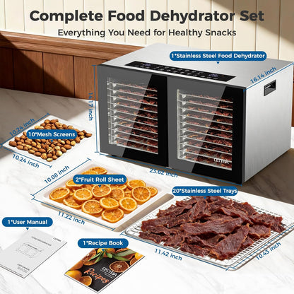 OSTBA Dual Zone Food Dehydrator, 20 Stainless Steel Trays, 1300W Dual Layer Food Dryer with Recipe, 180℉ Adjustable Temp, 48H Digital Timer, 10 Presets for Jerky, Meat, Fruit, Herbs
