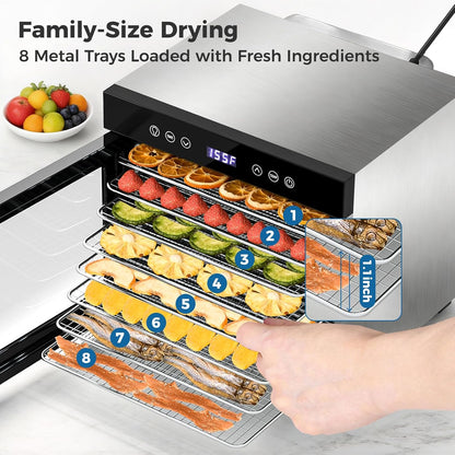 OSTBA Food Dehydrator, 8 Stainless Steel Trays, 95–165℉ Adjustable Temperature, 48h Digital Timer, Double-Layer Food Dryer, Recipe for Fruit, Vegetable, Jerky, Herb, 650W Home Use