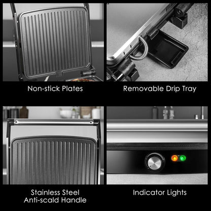 OSTBA Panini Press Grill with Adjustable Temperature, 4-Slice Indoor Grill, 180° Open Sandwich Maker with Drip Tray, Non-Stick Plates, Stainless Steel, 1200W