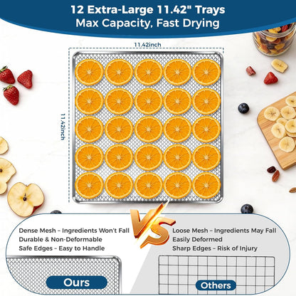 OSTBA Food Dehydrator, 12 Stainless Steel Trays, 95–165℉ Adjustable Temp, 48h Digital Timer, 850W Food Dryer, Front Control Panel with 10 Presets, Recipe for Fruit, Vegetable, Jerky, Herb