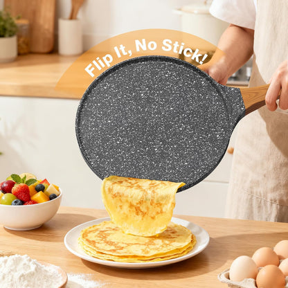 10-Inch Crepe Pan, Nonstick Pancake & Dosa Pan, Tortilla Pan Dosa Tawa, Flat Griddle Pan, Induction Compatible, Easy to Clean, with Wooden Spreader