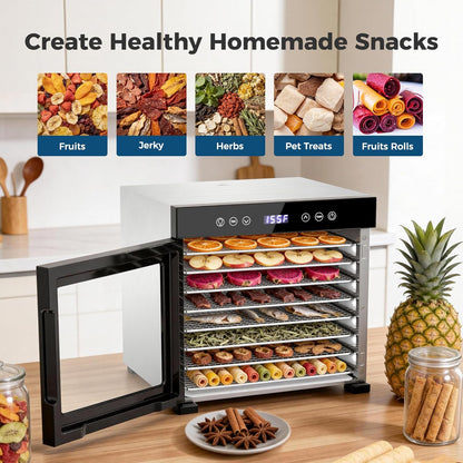 OSTBA Food Dehydrator, 8 Stainless Steel Trays, 95–165℉ Adjustable Temperature, 48h Digital Timer, Double-Layer Food Dryer, Recipe for Fruit, Vegetable, Jerky, Herb, 650W Home Use