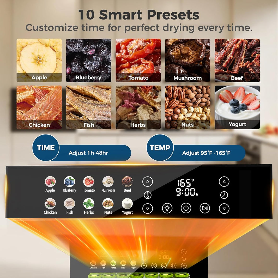 OSTBA Food Dehydrator, 12 Stainless Steel Trays, 95–165℉ Adjustable Temp, 48h Digital Timer, 850W Food Dryer, Front Control Panel with 10 Presets, Recipe for Fruit, Vegetable, Jerky, Herb