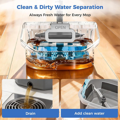 Spin Mop and Bucket Set with Removable Inner Clean Water Bucket, Dual Water Separation System, Deep-Cleaning Mops for Floors